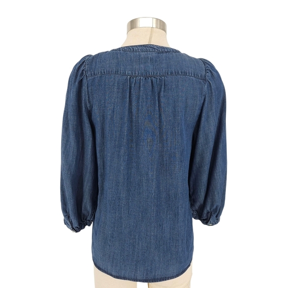 GAP Pleated Shirt Blue Dark Wash Denim Puff 3/4 Sleeve Button Up Top Small - Picture 4 of 7